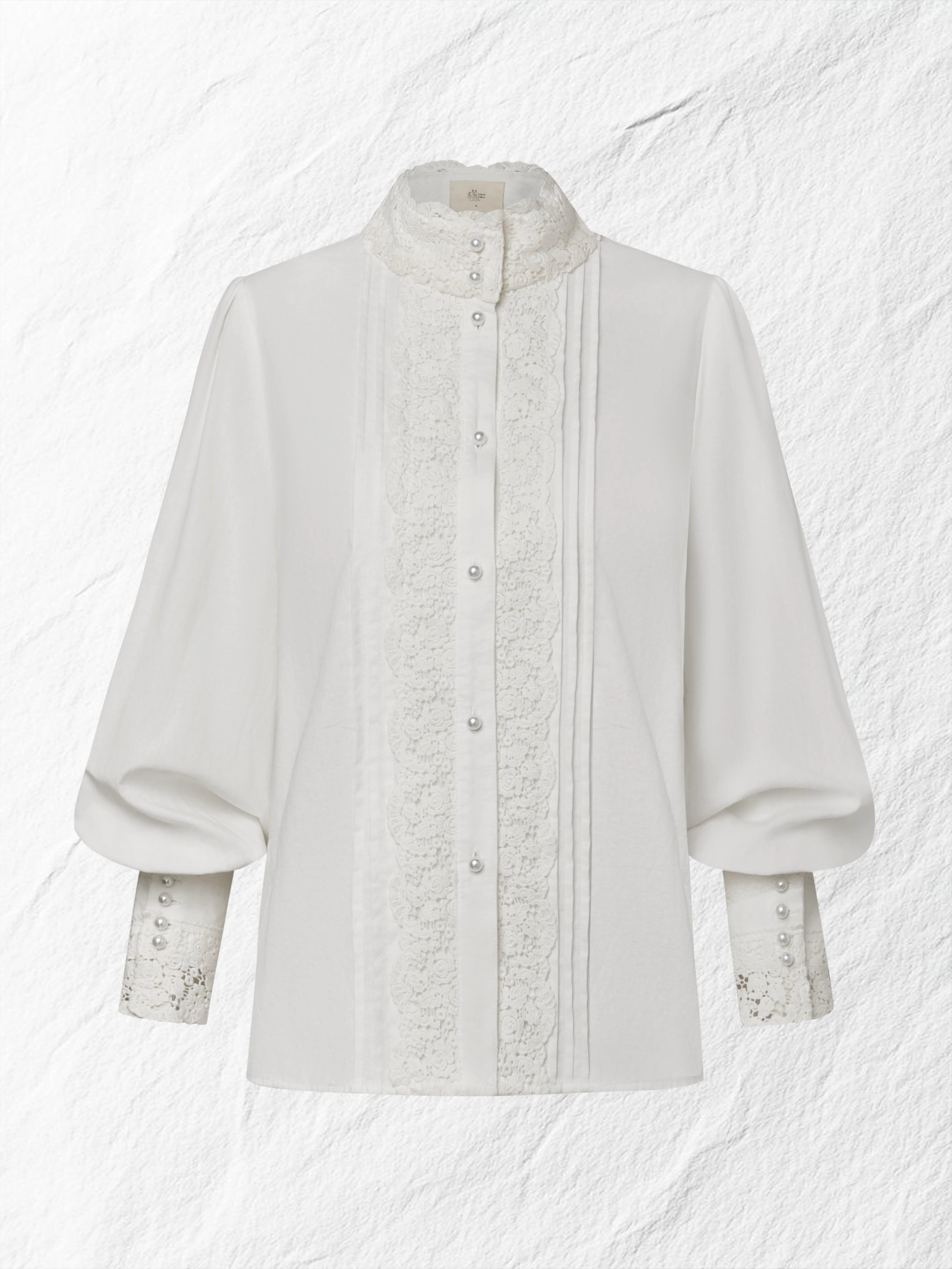 Linen Shirt, Long Sleeves, Stand Collar, Plain, Lace, Vintage, Ivory