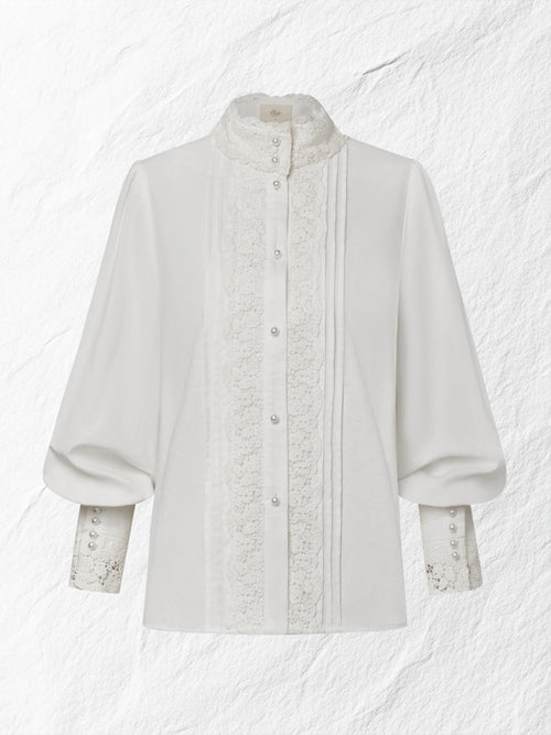 Linen Shirt, Long Sleeves, Stand Collar, Plain, Lace, Vintage, Ivory