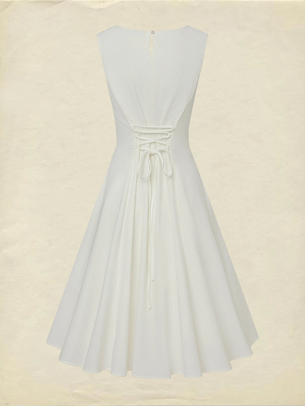 Midi Linen Dress , Sleeveless, Round Neck, Plain, Lace, French Vintage, White