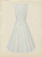 Midi Linen Dress , Sleeveless, Round Neck, Plain, Lace, French Vintage, White