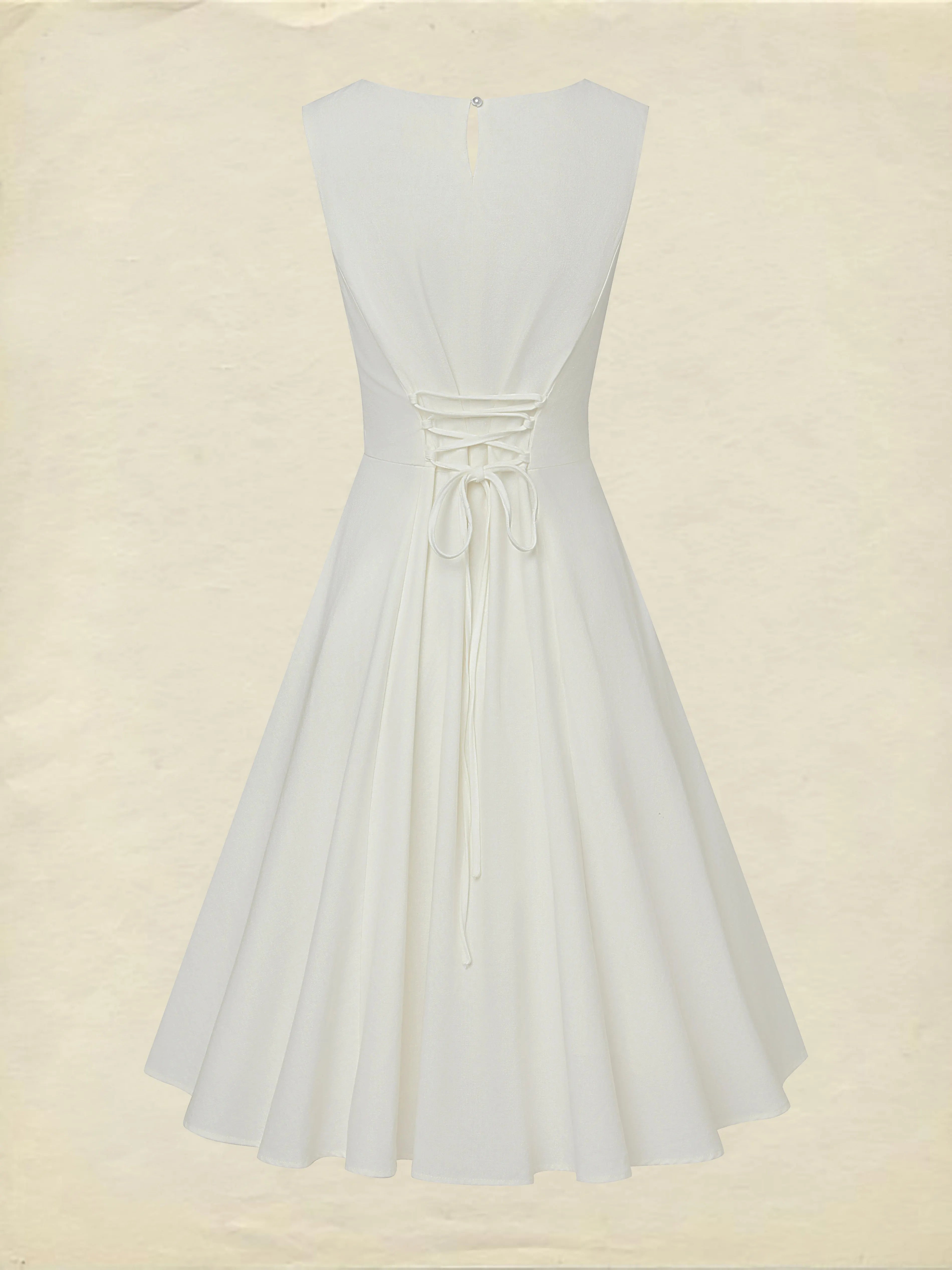 Midi Linen Dress , Sleeveless, Round Neck, Plain, Lace, French Vintage, White