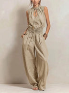 Casual Linen And Cotton Sleeveless Tie-waist Jumpsuit