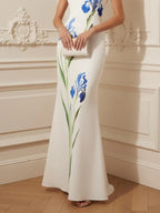 White Floral Classic V Neck Sleeveless A-Line Gown Dress