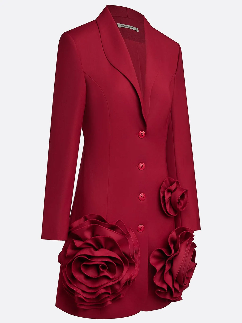Burgundy 3D Floral Blazer Shawl Collar Long Sleeve A-Line Mini Dress