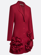 Burgundy 3D Floral Blazer Shawl Collar Long Sleeve A-Line Mini Dress