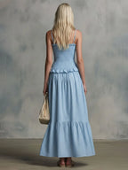 Casual Retro Blue Striped Sleeveless Loose-Fit Ruffled Cotton Maxi Dress