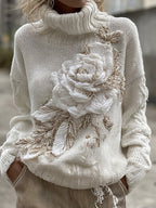 Women's Vintage White Rose Pattern Chunky Knit Warm Turtleneck Sweater