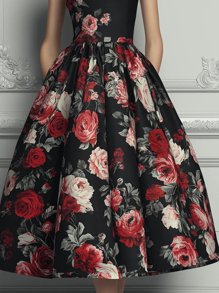 Black Base Red Rose Floral Print A-line Midi Dress