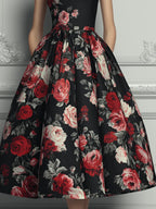 Black Base Red Rose Floral Print A-line Midi Dress