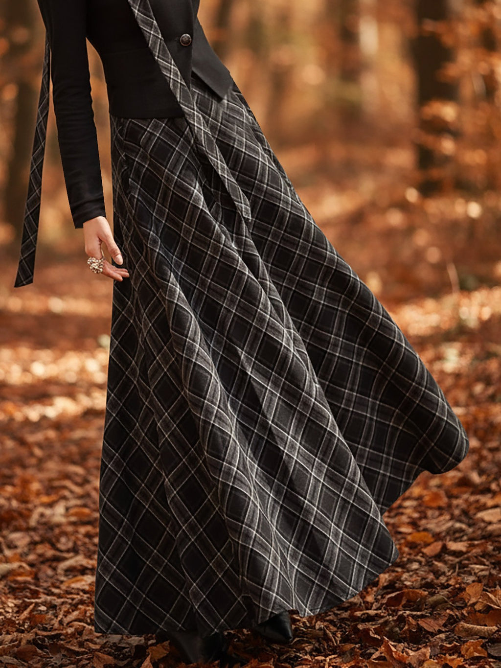 Maxi Linen Dress, Sleeveless, Stand Collar, Plaid, Vintage, Black