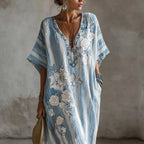 Butterfly Flower Embroidery Patchwork Striped Design Women's Summer Linen Dress