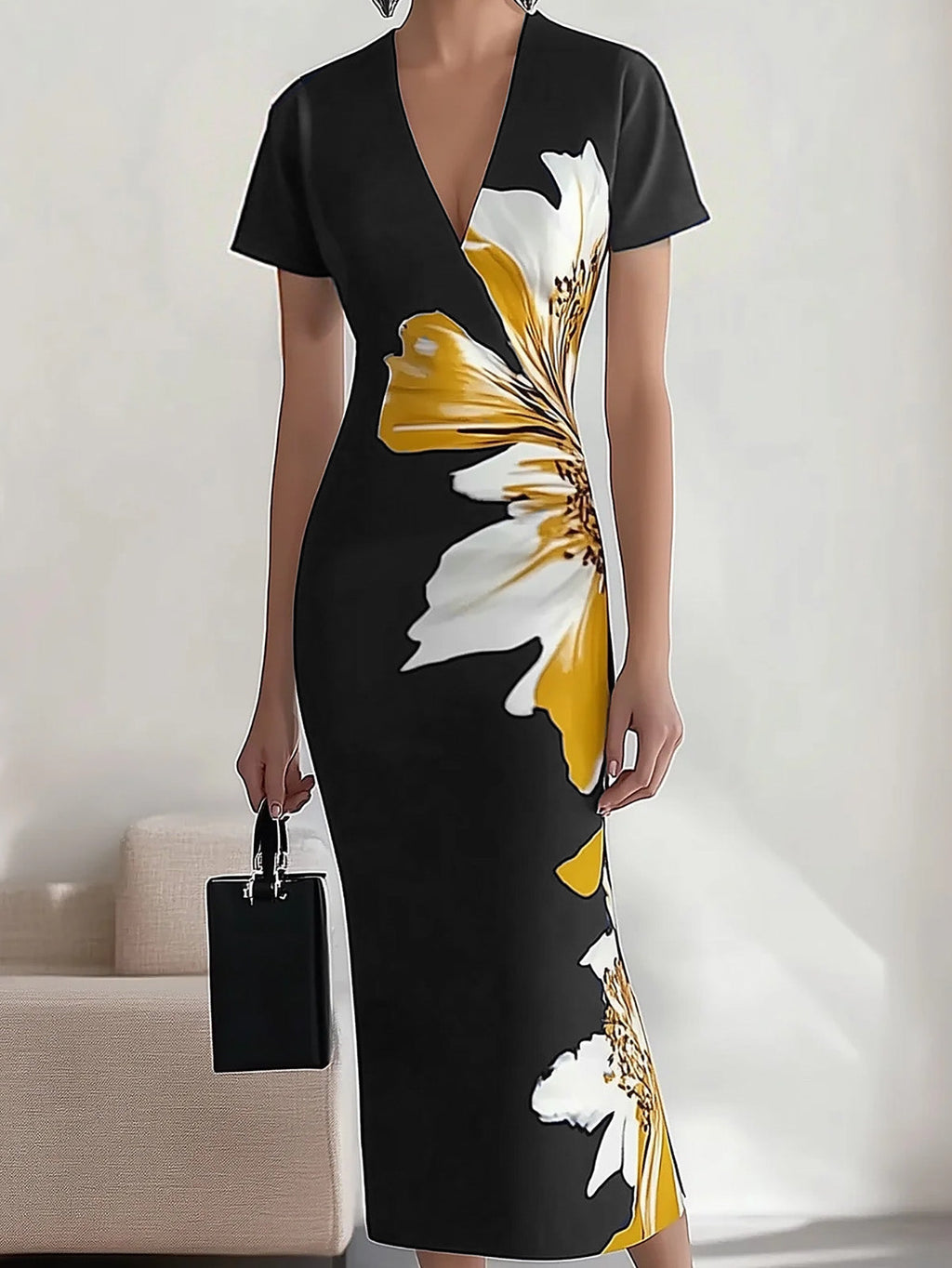 Chic Black Satin Dress with Unique Side Floral Pattern