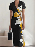 Chic Black Satin Dress with Unique Side Floral Pattern