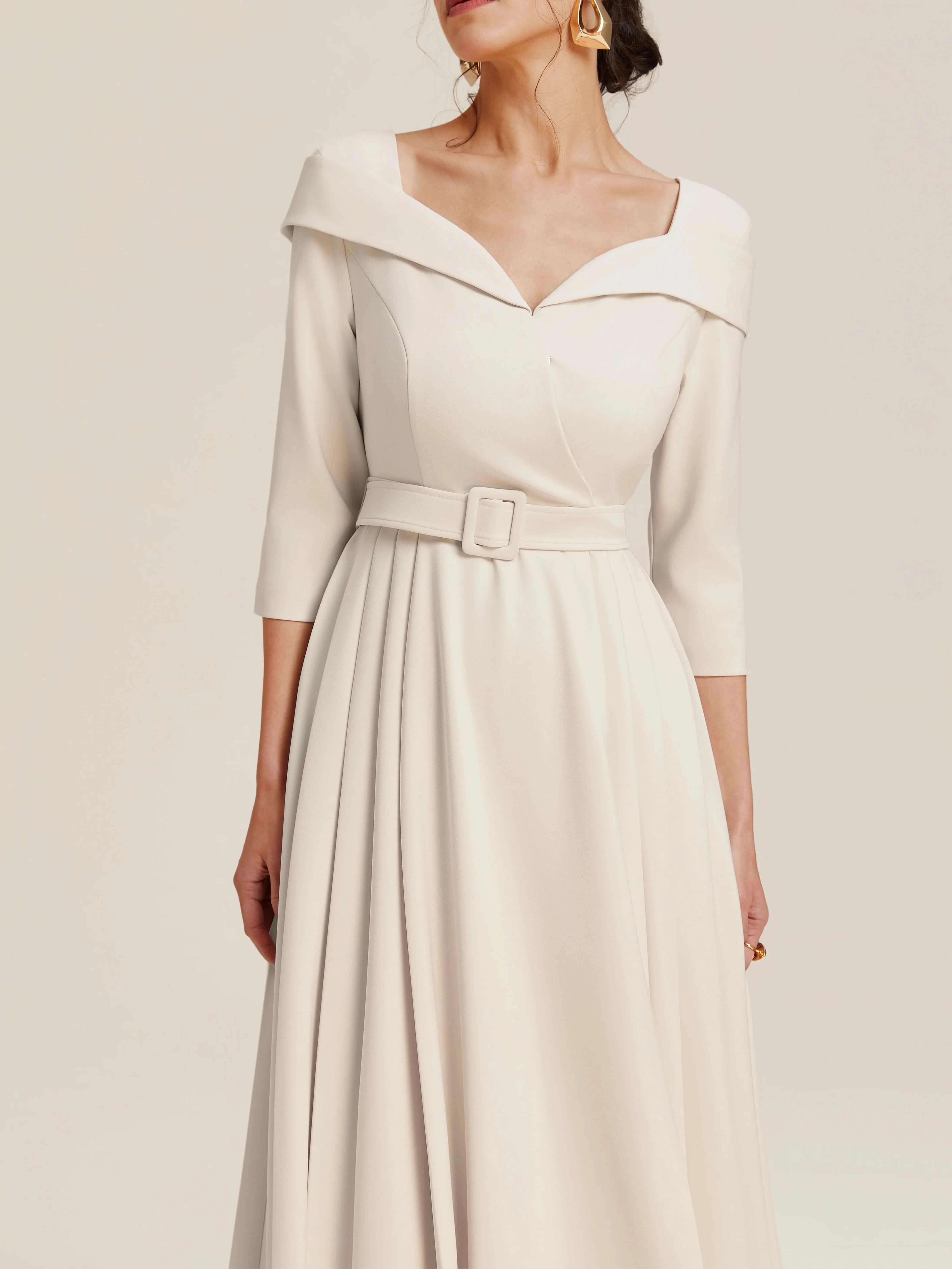 Off White Pleated Ruched Three Quarter Sleeve A-Line Maxi Dress