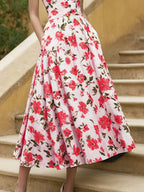 Linen Midi Dress, Short Sleeve, Sweetheart Neckline, Floral, Vintage, Red