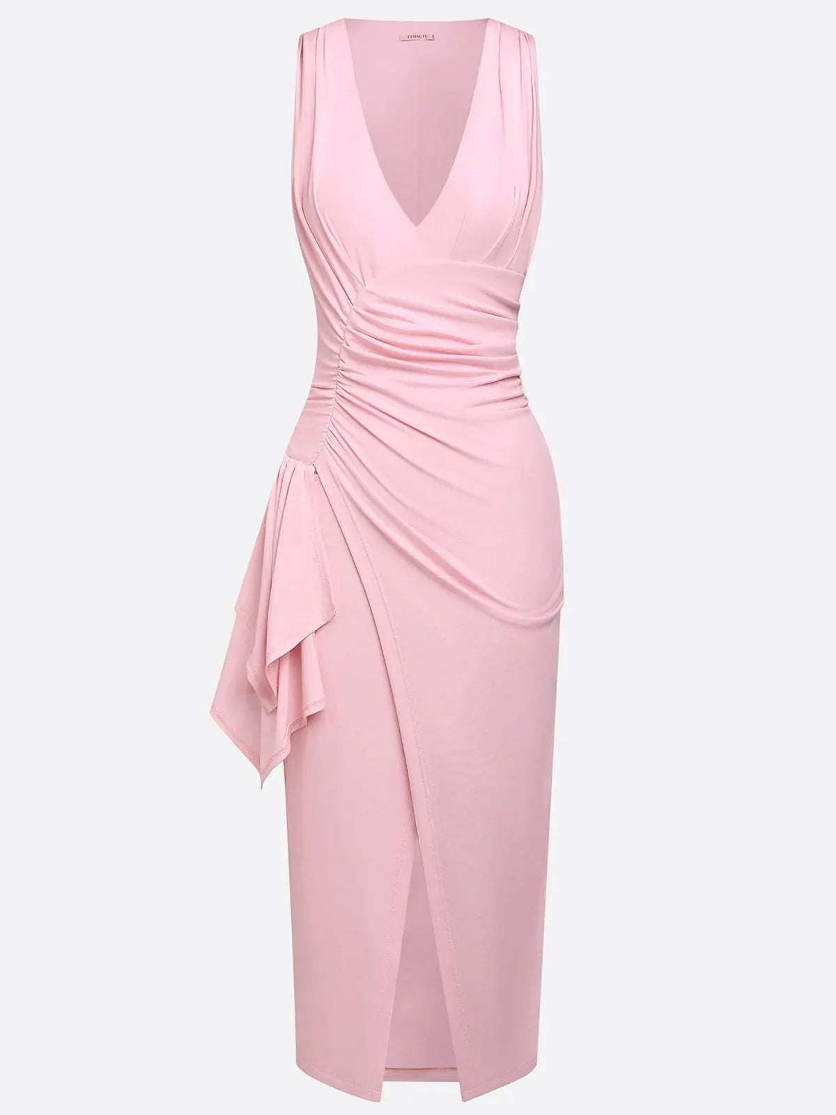 Pink Ruched Peplum Knit Lyocell Deep V Neck Sleeveless Bodycon Midi Dress