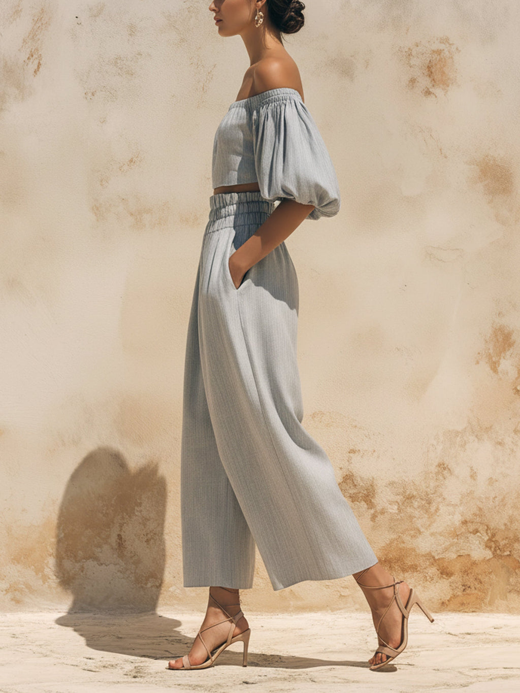 Off-the-Shoulder Puff Sleeve Linen Two-Piece Set