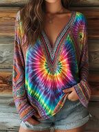 Women's Ethnic Geometric Tie-dye Print V-neck T-shirt