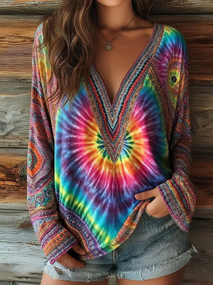 Women's Ethnic Geometric Tie-dye Print V-neck T-shirt