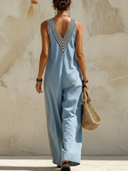 Light Wash Denim Striped Trim Wide-Leg Jumpsuit