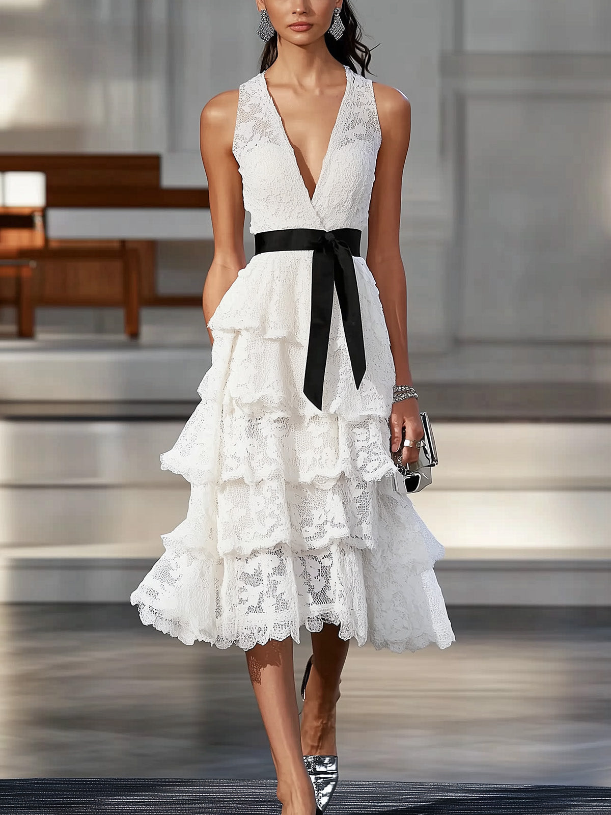 Chic White Lace Tiered Dress with Black Waist Tie