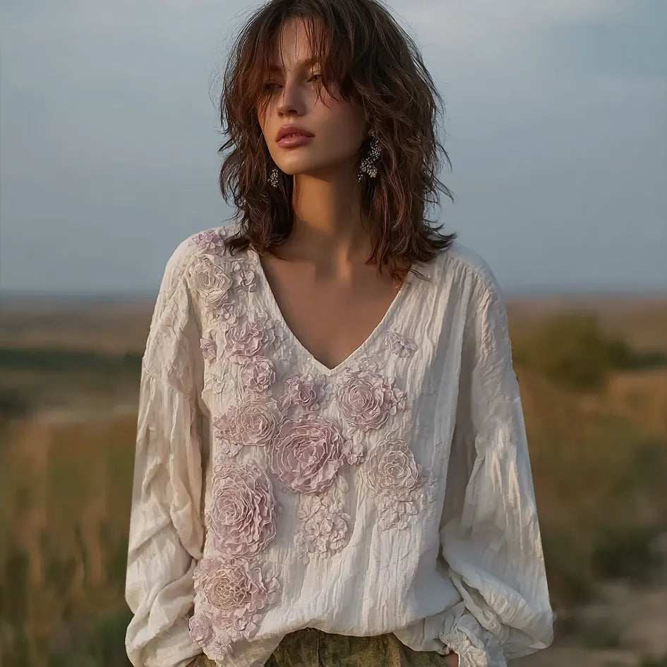 Bohemian Style Pink Floral Design V-neck Long-sleeve Top