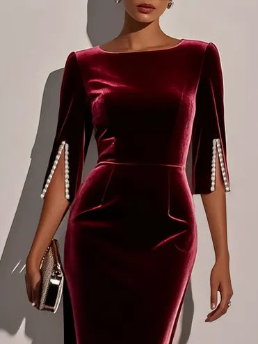Wine Red Faux Pearl Velvet Boat Neck Half Sleeve Sheath Midi Dress
