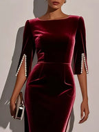 Wine Red Faux Pearl Velvet Boat Neck Half Sleeve Sheath Midi Dress