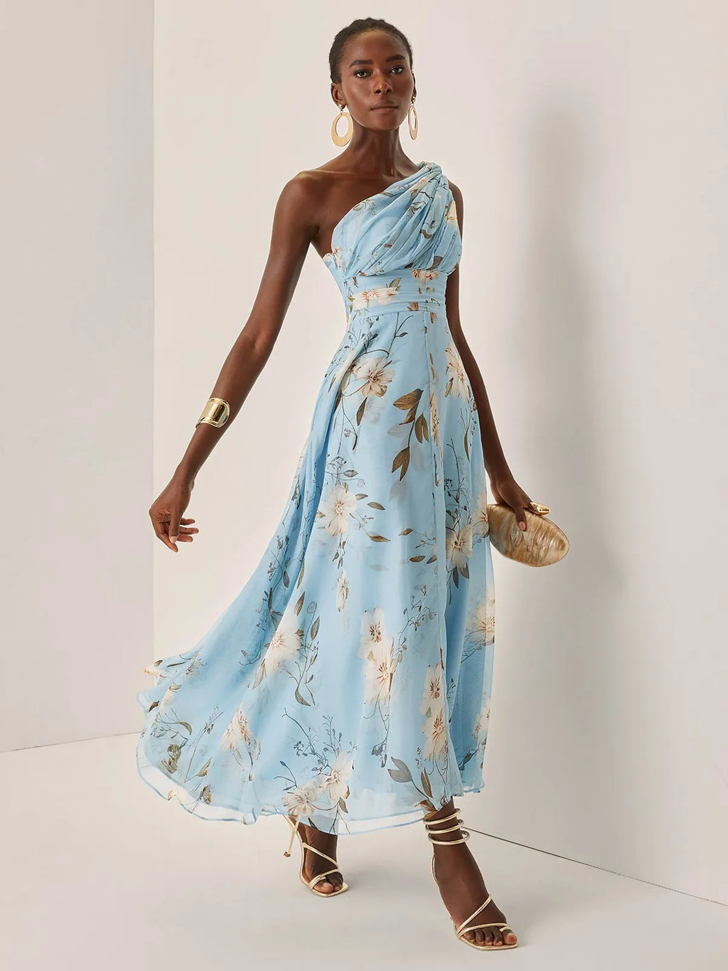 Light Blue Floral Ruched Chiffon One Shoulder Sleeveless A-Line Maxi Dress