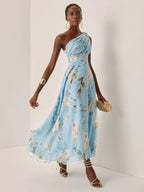 Light Blue Floral Ruched Chiffon One Shoulder Sleeveless A-Line Maxi Dress