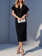 Light Blue Slit Classic V Neck Short Sleeve Dolman Sleeve Sheath Midi Dress With Belt