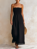 Black Cotton-Linen Blend Strapless Lace Trim Tiered Maxi Dress
