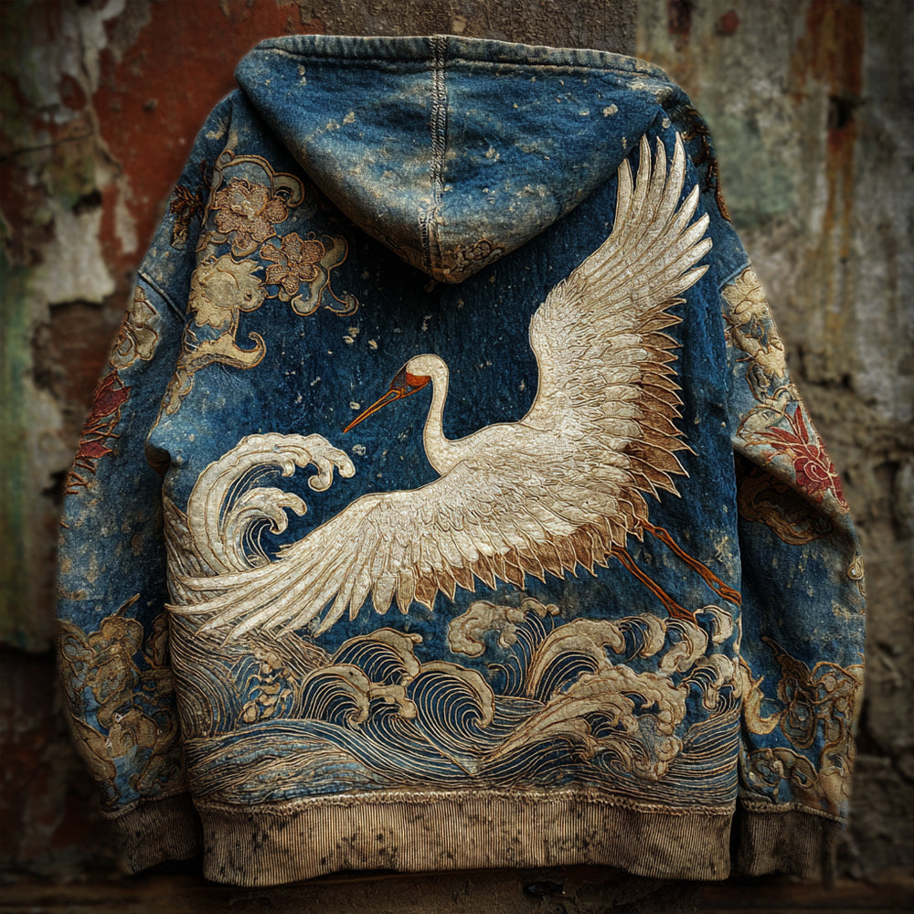 Vintage Japanese Crane Art Men's Hooded Sweatshirt