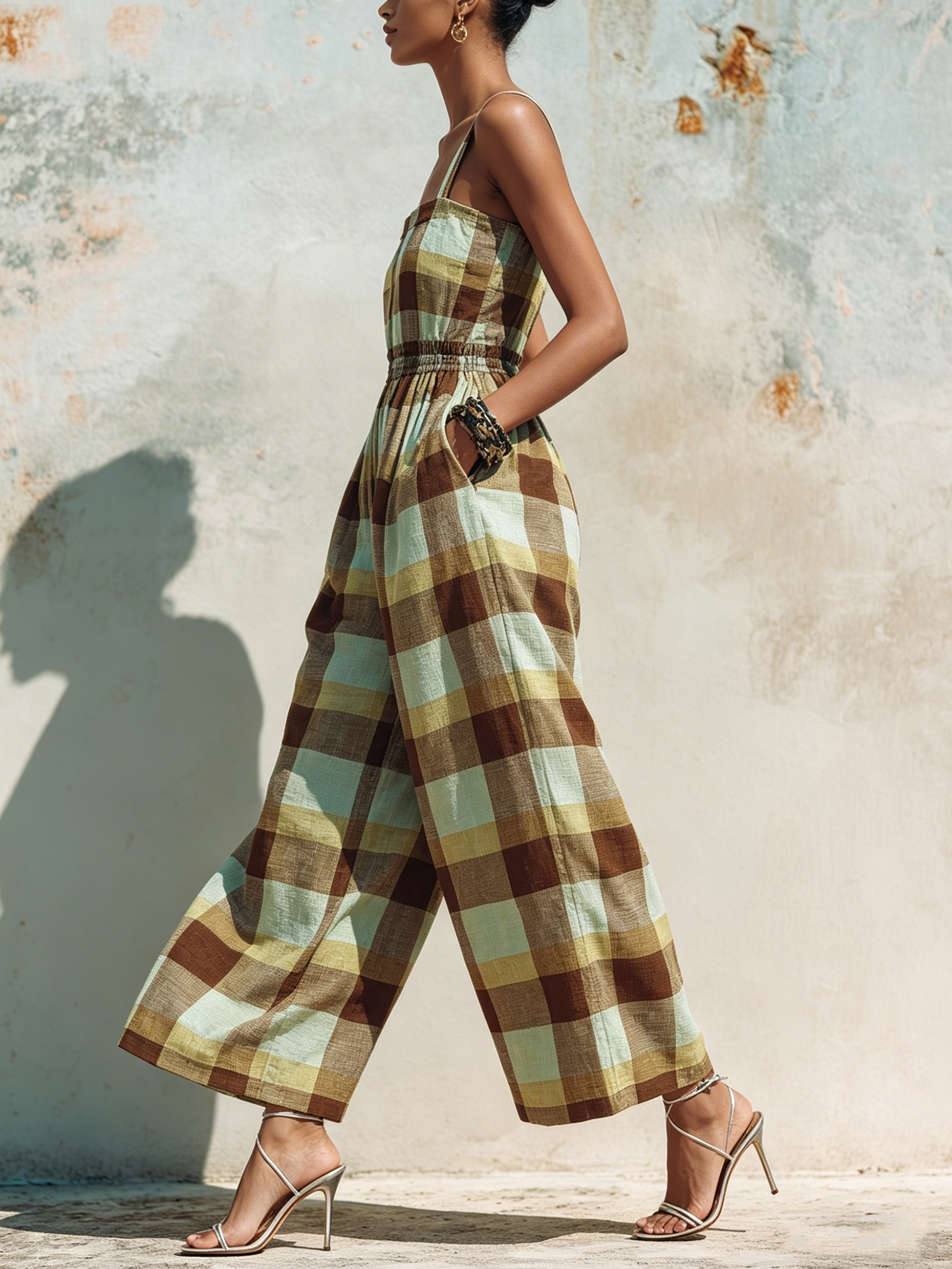 Plaid Cotton Linen Smocked Waist Wide-Leg Jumpsuit