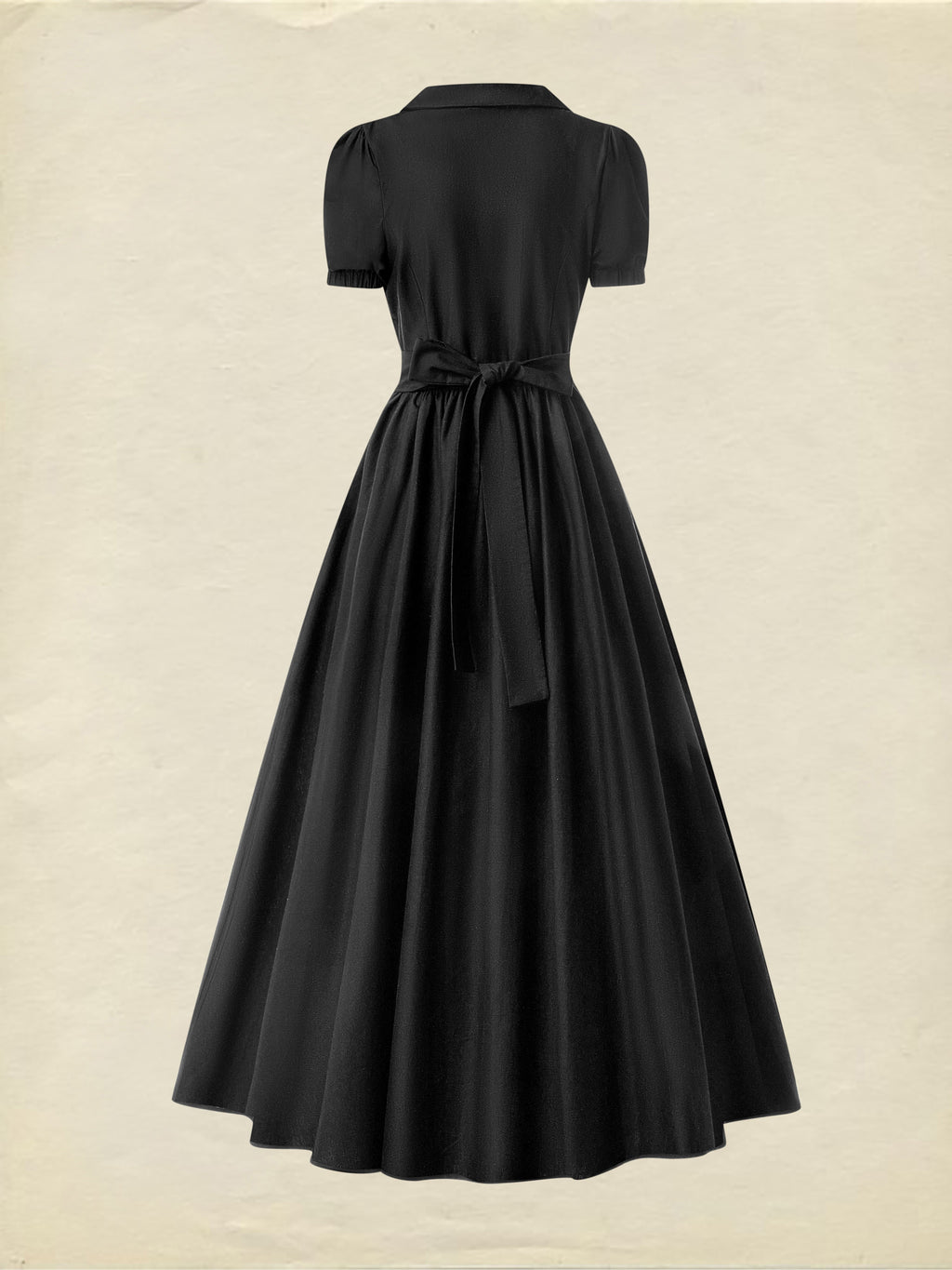 Maxi Cotton Dress, Short Sleeve, Shawl Collar, Plain, Summer, Black