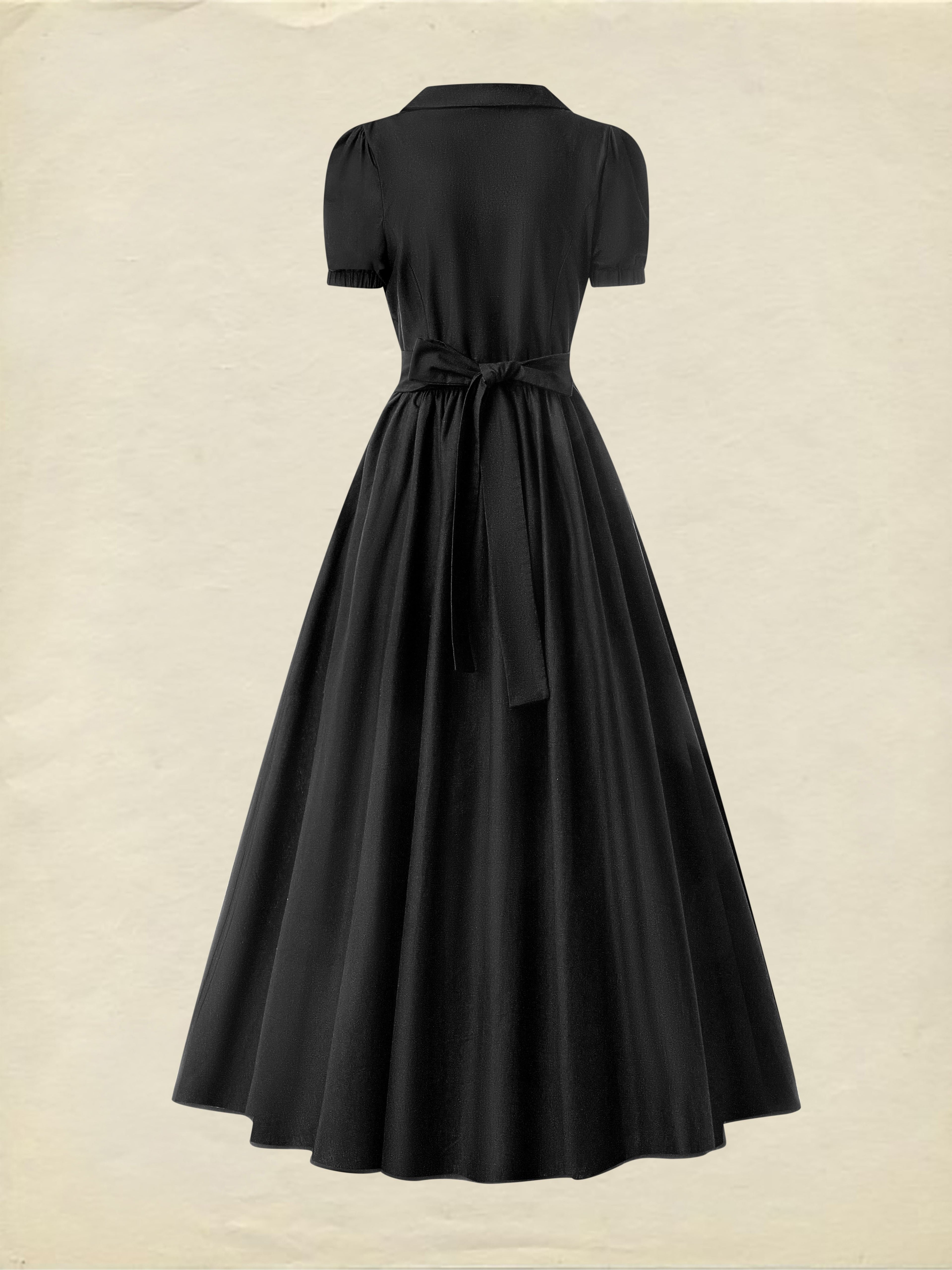 Maxi Cotton Dress, Short Sleeve, Shawl Collar, Plain, Summer, Black