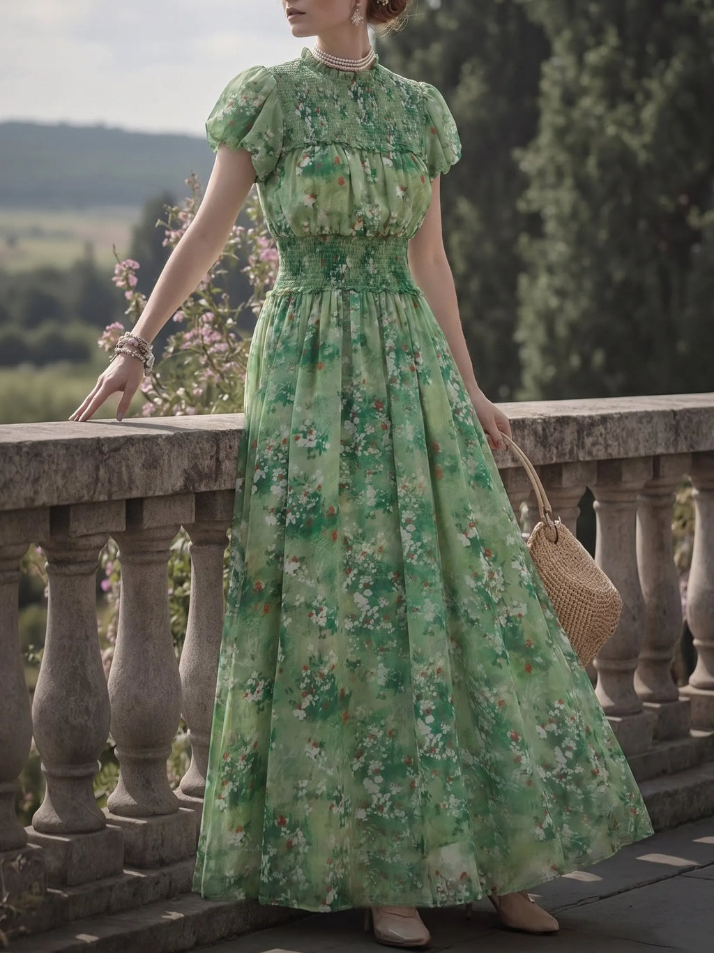 Maxi Linen Dress, Short Sleeves, Round Neck, Floral, Vintage, Green
