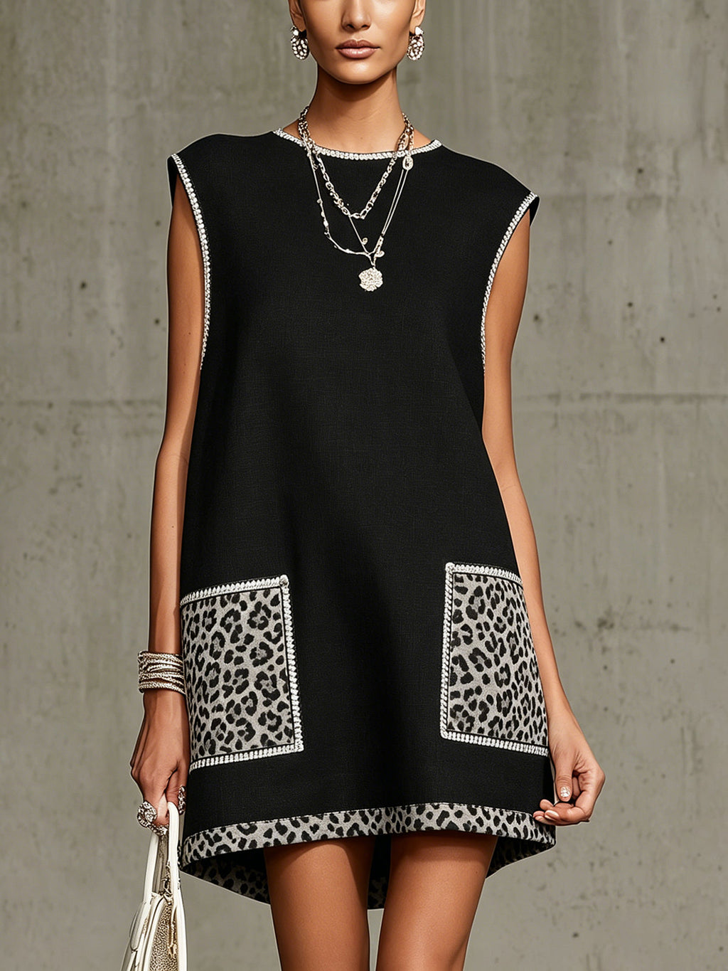 Black Sleeveless Mini Dress With Leopard Print Pockets and Trim