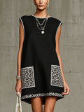 Black Sleeveless Mini Dress With Leopard Print Pockets and Trim
