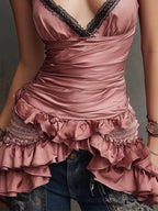 Vintage Satin Ruffle Lace-Trim Cami Top
