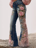 Pink Roses Embroidered Lace Patchwork Washed Bell Bottom Jeans