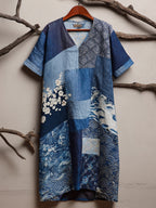 Japanese Style Plant Printed Splicing Retro V-neck Dress