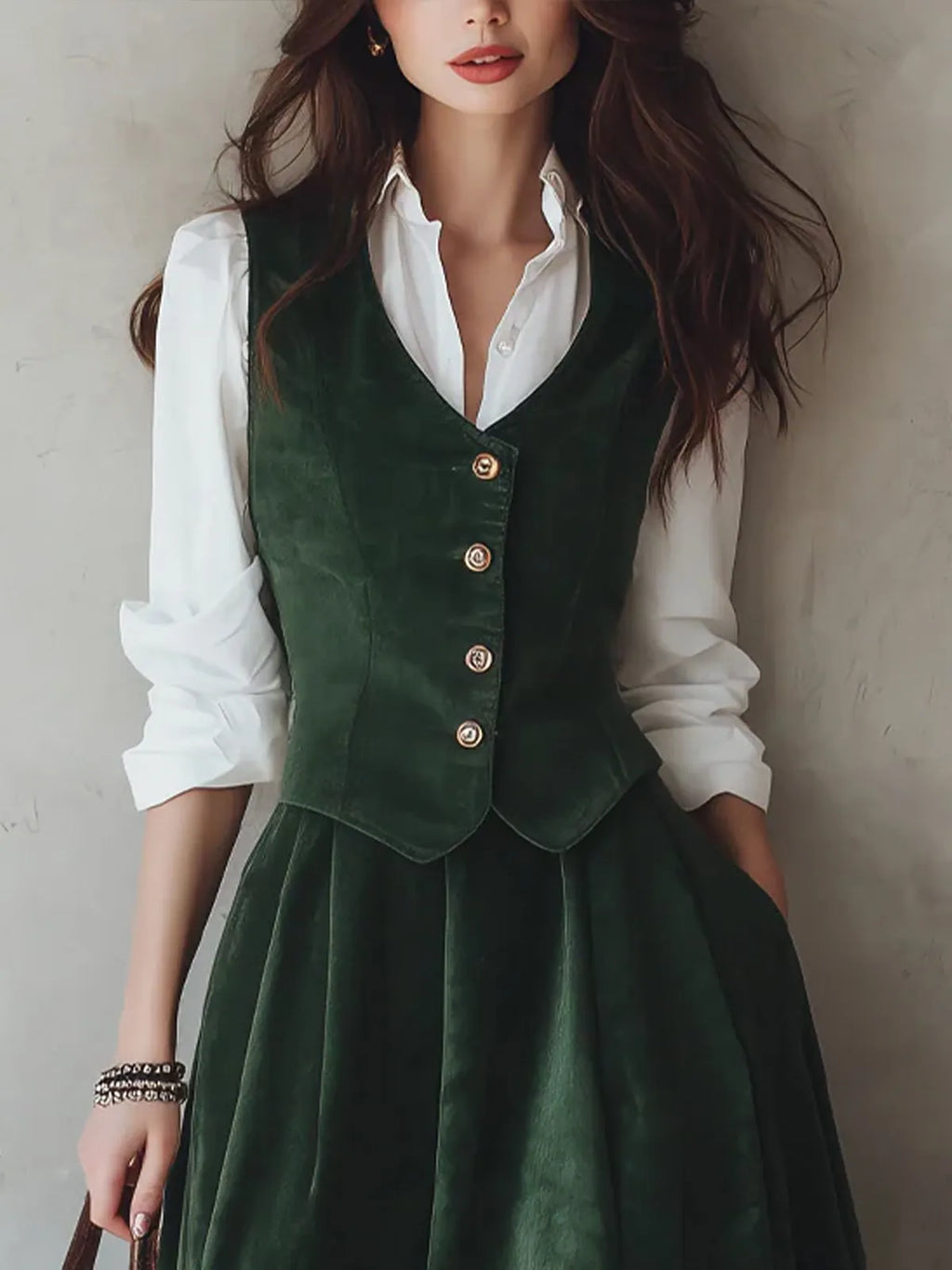 Cotton Vest (Shirt and Skirt Not Included), Sleeveless, V Neck, Plain, Button Design, Vintage, Green