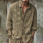 Men's Vintage Japanese Bamboo Embroidery Art Long Sleeve Linen Blend Shirt