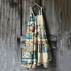 Women's Vintage Floral Patchwork Art Linen Dress fcdb