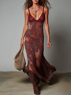Boho Lace Splicing Leopard Print Hem Slit Maxi Dress
