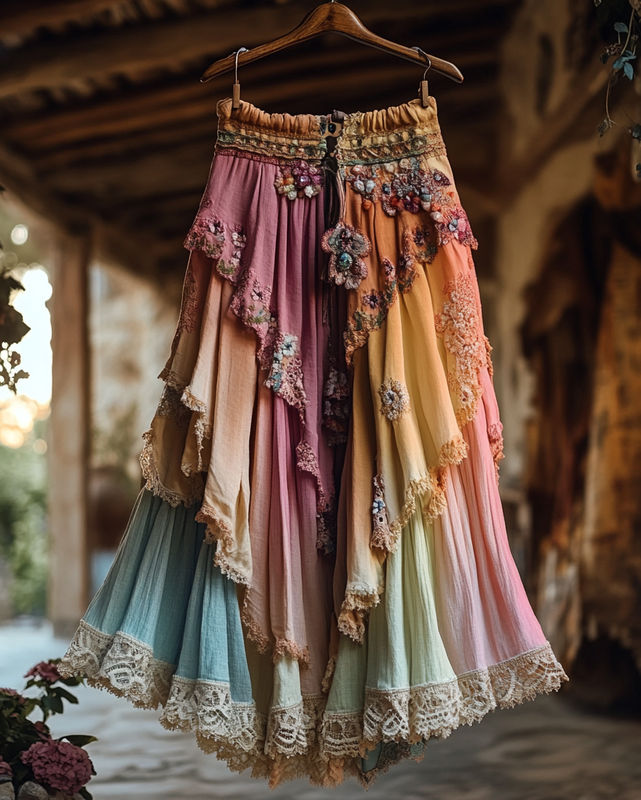 Summer Vacation Ruffle Lace Patchwork Rainbow Ombre Skirt 1d27