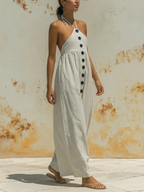 Striped Linen Halter Neck Maxi Dress