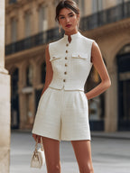 Elegant Tweed Stand Collar Gold Button Vest & High-Waisted Shorts Two-Piece Set