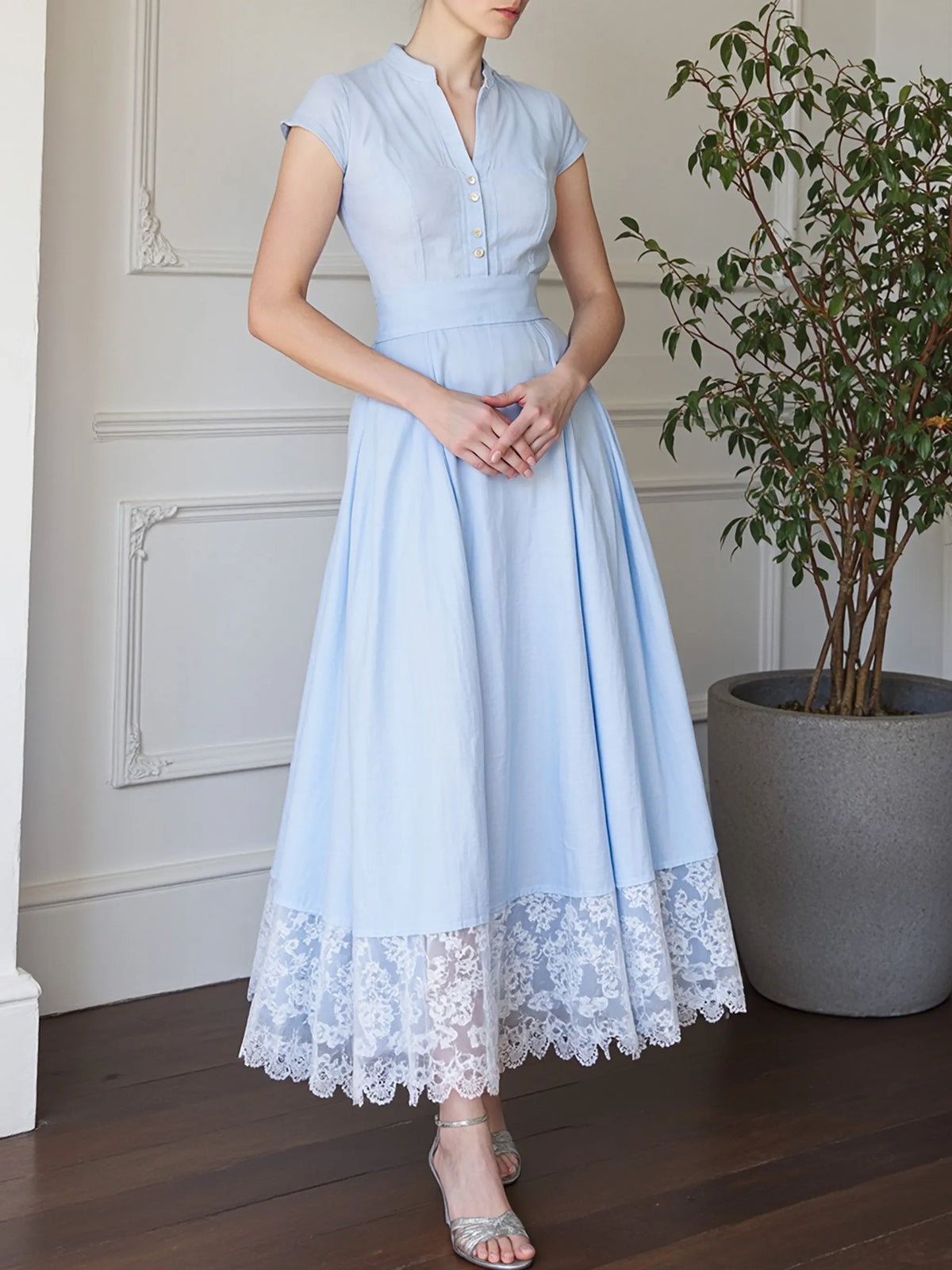 Maxi Cotton Dress , Short Sleeves, V Neck, Plain, Lace, French Vintage, Aqua blue